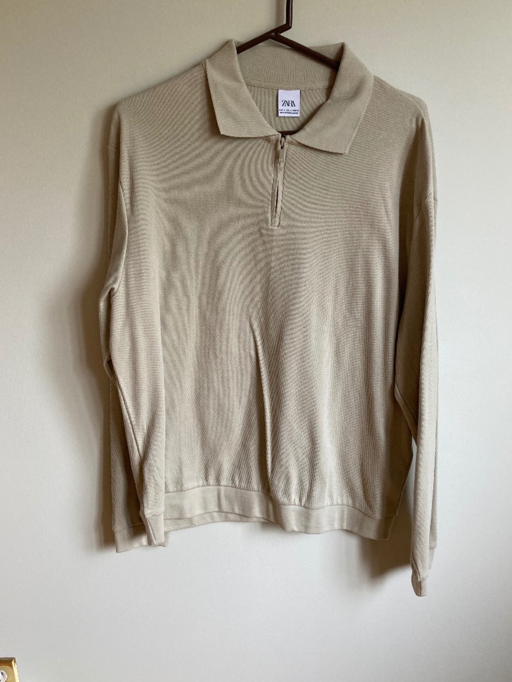 Zara Beige Waffle Quarter Zip Polo L